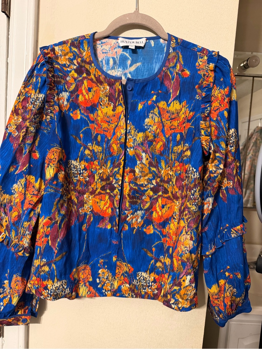 HUNTER BELL Blue Floral Ruffle-Sleeve Button Top